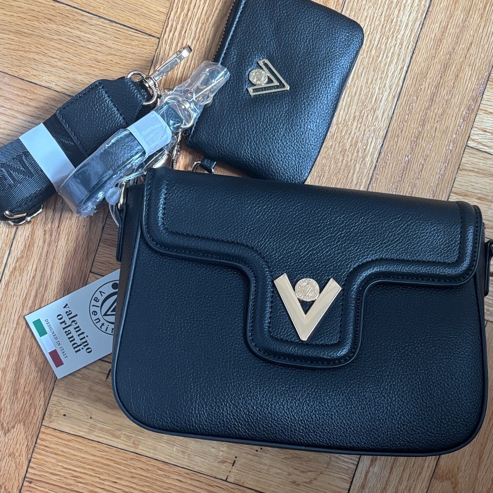 Valentino Orlandi Black Leather Crossbody with Gold Accent